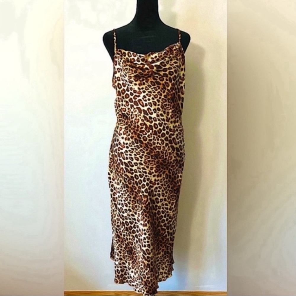 NWT Bebe Cheetah Print Satin Midi Long Dress Cowel Neckline Slip Dress Size Med